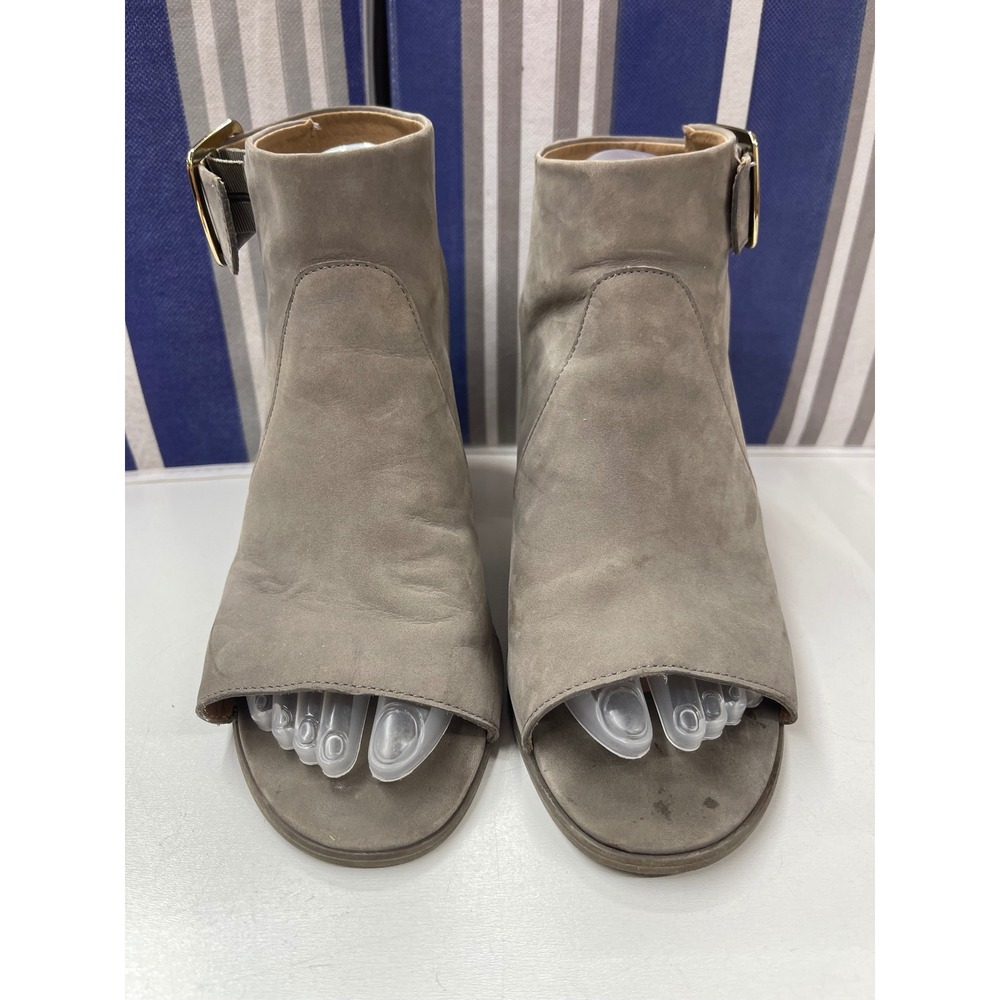Vionic Blakely Greige Suede Peep Toe Ankle Booties Gold Buckle 8.5 382BLAKELY